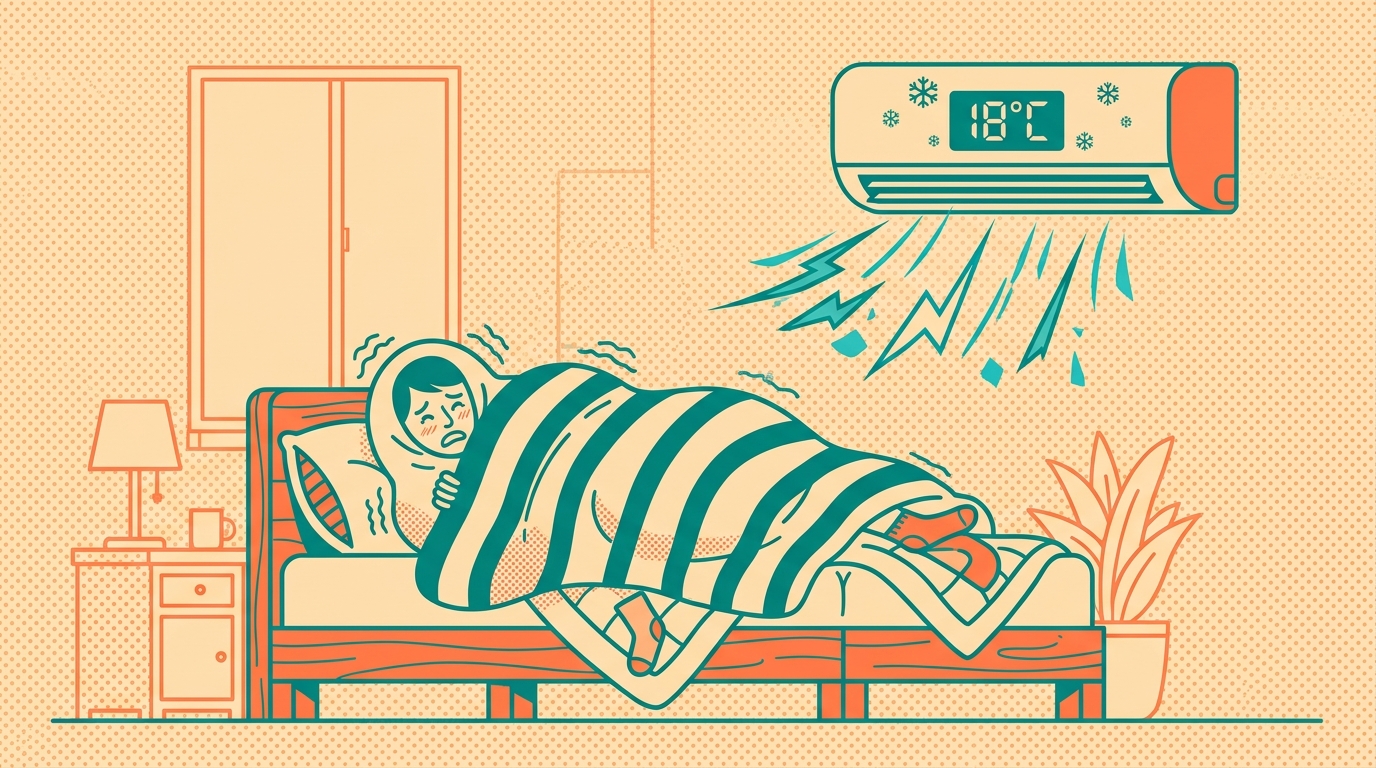 Person shivering under a blanket at night